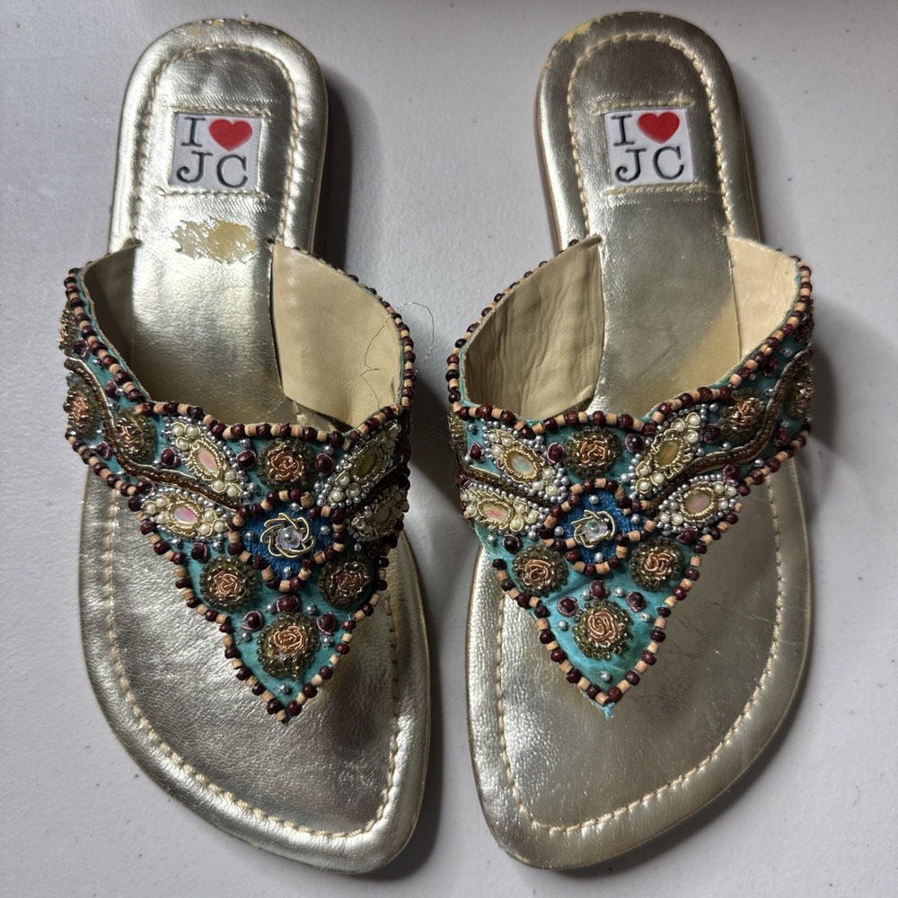 Juicy Couture "I Love JC" SZ 8 Gold Metallic Jeweled Leather Sandals Turq VTG